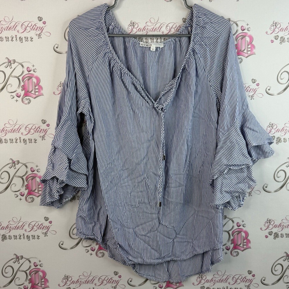 Cleo long sleeve top ruffles frilly tie up Blue Striped Ruffle Sleeve Top